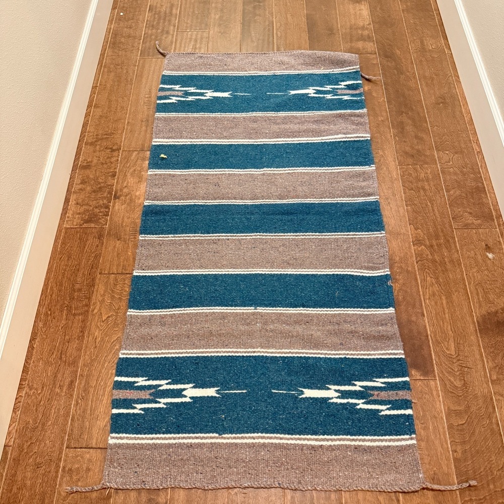 Vintage Mexican Saddle Blanket 58x28 Saltillo Serape Teal Tan Boho Rug Acrylic
